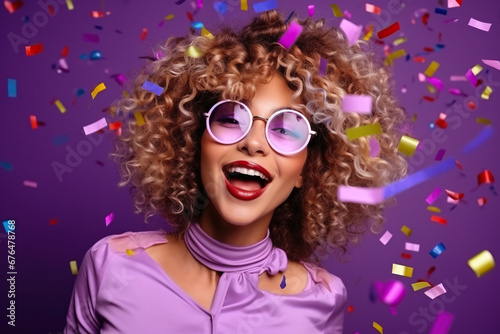 Woman in 80s style clothes in sun glasses on nightclub with confetti isolated purple color background