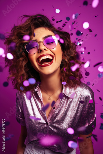 Woman in 80s style clothes in sun glasses on nightclub with confetti isolated purple color background