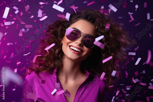 Woman in 80s style clothes in sun glasses on nightclub with confetti isolated purple color background