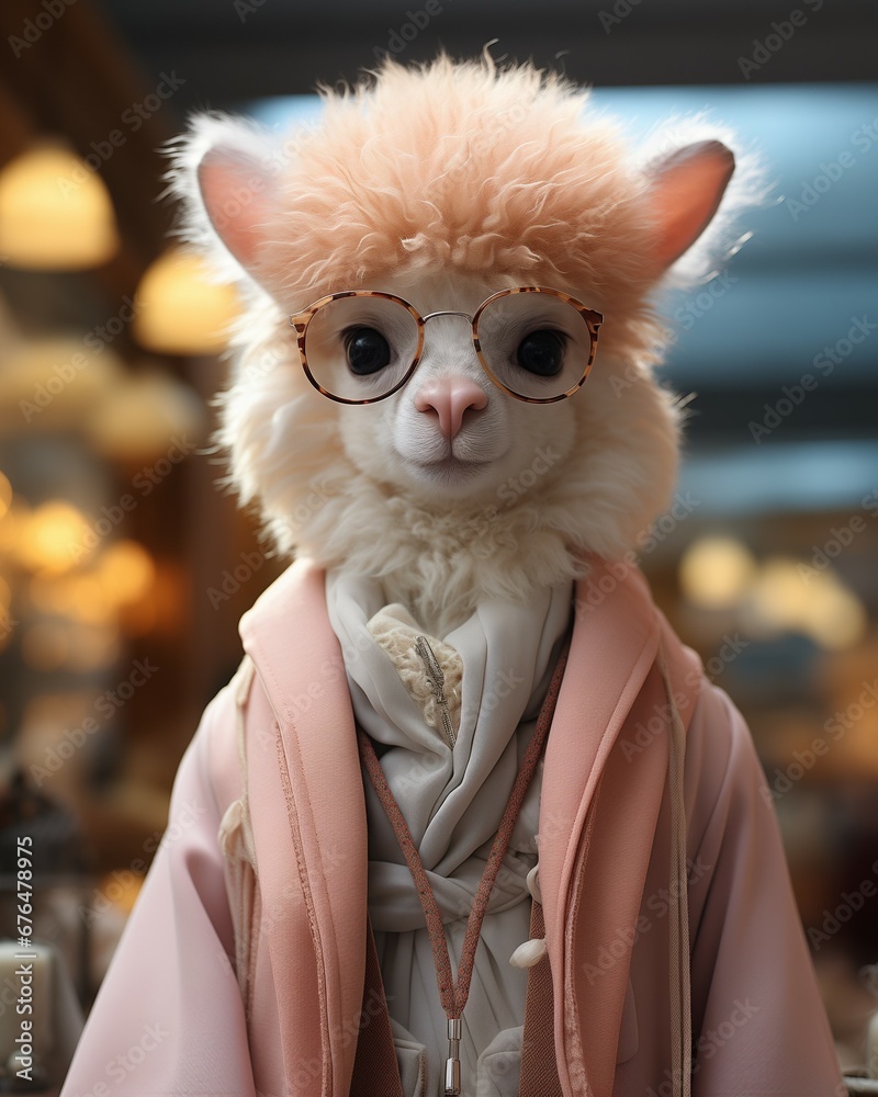 Anthropomorphic portrait of a adorable Alpaca wearing  light pink coat, scarf and glasses. Street style fashion. Humanized animal concept.