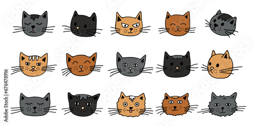 Hand drawn cat muzzle clipart. Cute pet face doodle set