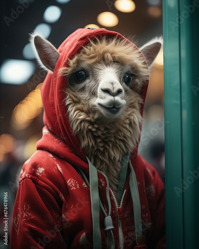 Anthropomorphic portrait of a lama dressed in a human red hoodie. Street style fashion. Humanized animal concept.