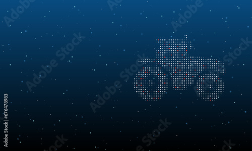 On the right is the tractor symbol filled with white dots. Background pattern from dots and circles of different shades. Vector illustration on blue background with stars