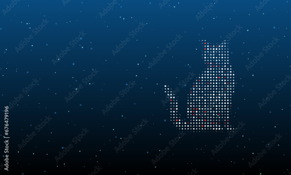 On the right is the cat symbol filled with white dots. Background pattern from dots and circles of different shades. Vector illustration on blue background with stars - obrazy, fototapety, plakaty 