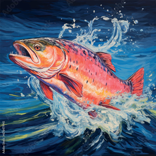 Illustration of oil painting of a salmon in swirling water