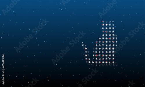 On the right is the cat symbol filled with white dots. Background pattern from dots and circles of different shades. Vector illustration on blue background with stars