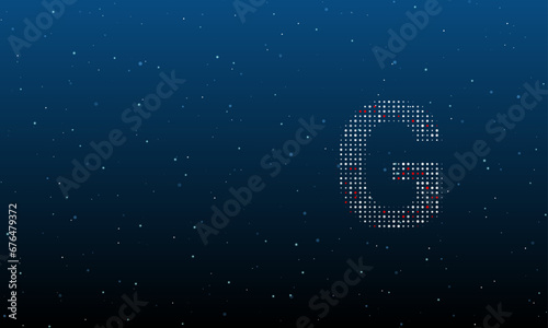 On the right is the capital letter G symbol filled with white dots. Background pattern from dots and circles of different shades. Vector illustration on blue background with stars