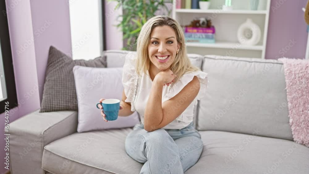 Young blonde woman drinking coffee sitting on sofa at home Young blonde woman drinking coffee sitting on sofa at home