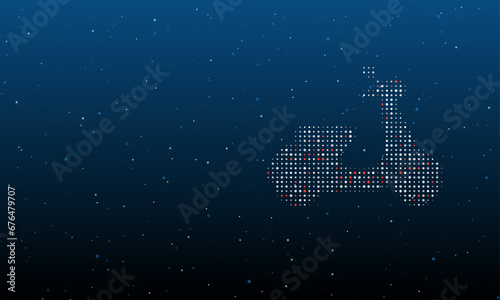 On the right is the scooter symbol filled with white dots. Background pattern from dots and circles of different shades. Vector illustration on blue background with stars