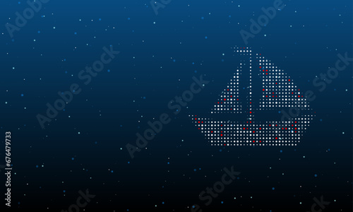 On the right is the sailing boat symbol filled with white dots. Background pattern from dots and circles of different shades. Vector illustration on blue background with stars