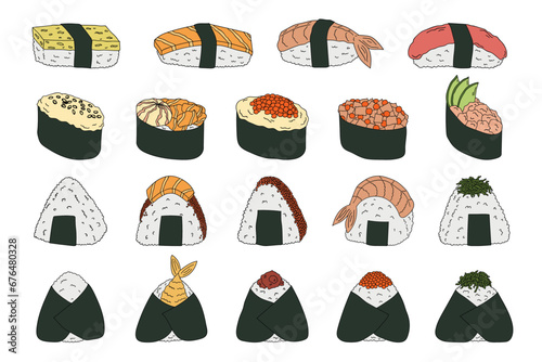 Hand drawn sushi and onigiri. Japanese traditional cuisine dishes. Asian food clipart set