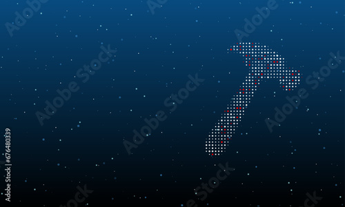 On the right is the hammer symbol filled with white dots. Background pattern from dots and circles of different shades. Vector illustration on blue background with stars