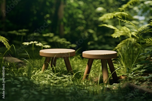 two wood stools in the grass, in the style of rendered in cinema4d, tabletop photography, vray, minimalistic japanese, tondo, large canvas sizes, highly detailed foliage photo