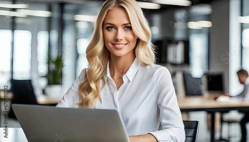 Free Download close up of a Young beautiful blonde woman working on laptop in the office, focused on the laptop, smirking, blurred office background - GFXLoad