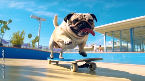Pug dog skating in a sunny day at skate park