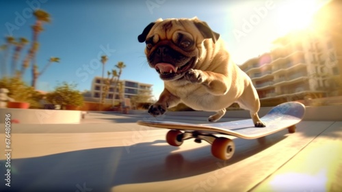 Pug dog skating in a sunny day at skate park