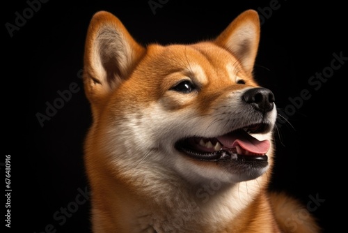 A close up of a shiba inu dog with its mouth open.