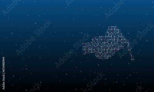 On the right is the vise symbol filled with white dots. Background pattern from dots and circles of different shades. Vector illustration on blue background with stars