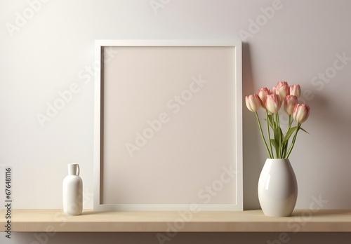 white blank poster frame on shelf with vase of flowers and flowers, in the style of light brown and beige, light indigo and light beige, vibrant hues master, 8k resolution, nature morte, superflat, br photo