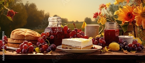 In the background of a peaceful summer surrounded by the beauty of nature and the warmth of wooden home I enjoyed a delightful autumn breakfast consisting of fresh fruits a heavenly slice o