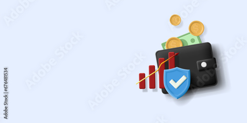 3D wallet with cash, coins, growth chart, and shield with a check mark. For business concepts, safe investment and protection of your values.