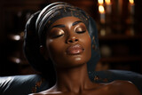 Portrait of an African woman with a colorful shawl on her head and her eyes closed in pleasure a while relaxing