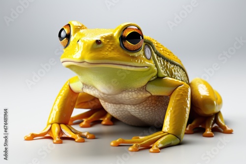 A close up of a frog on a white surface.