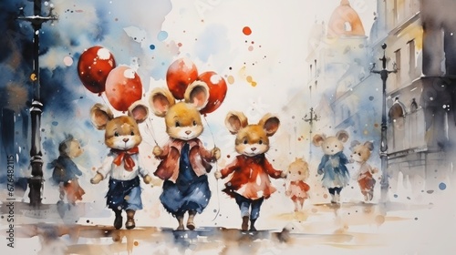 Cartoon mice with red balloons run through a wet fairytale city, watercolor style
