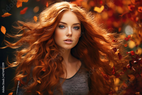 Portrait beautiful young woman with flying long red hair symbolizing autumn and autumn leaves