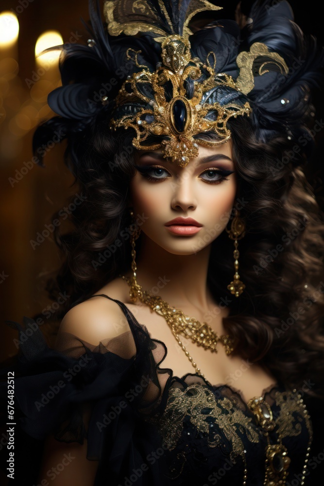 Fototapeta premium Portrait of a smiling brunette beauty in baroque finery and crown, vertical photo, carnival concept.