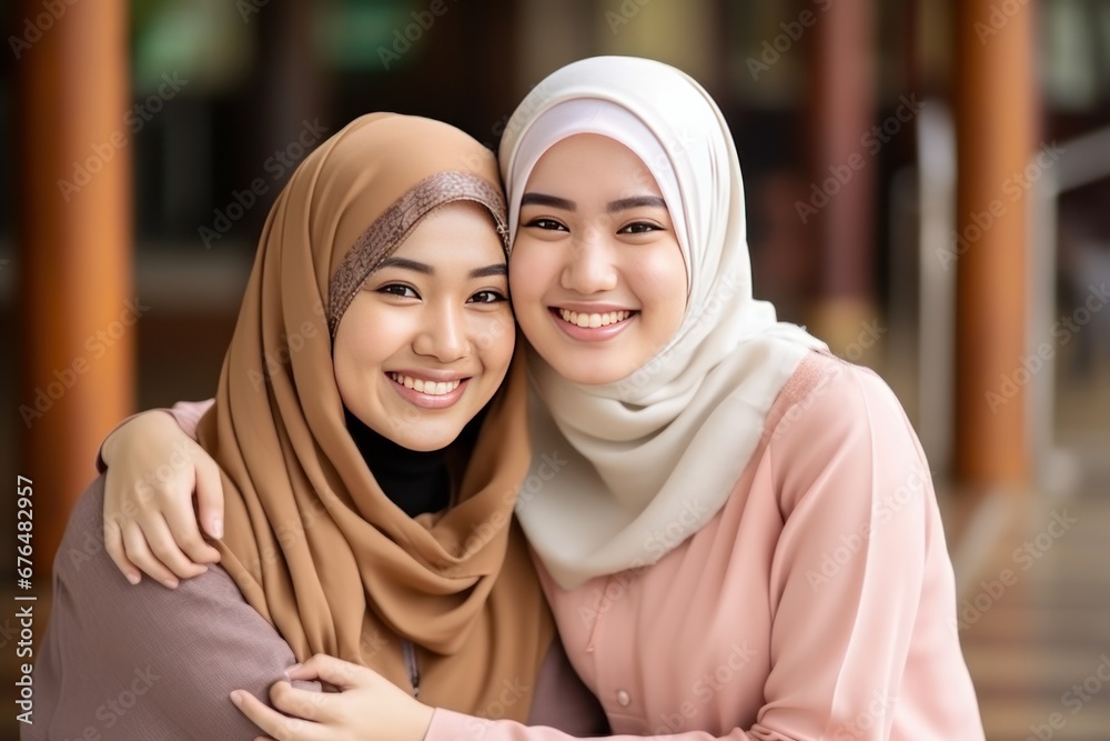 Young Muslim women work team standing in different colorful headscarves smiling in modern office Young Muslim women work team standing in different colorful headscarves smiling in modern office