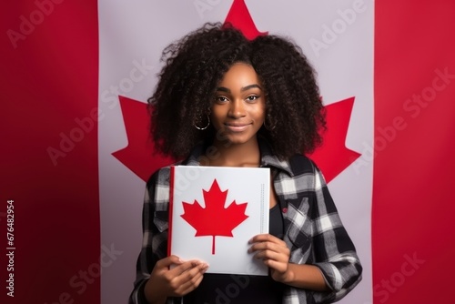 Clever student of Canada shows red diploma by flag of country hanging on brick wall in background photo