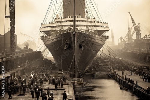 black and white vintage photograph captures construction of the Titanic in 1910. Majestic ship, a testament to engineering and ambition, emerges from the dry dock, a marvel in the making. AI-generated