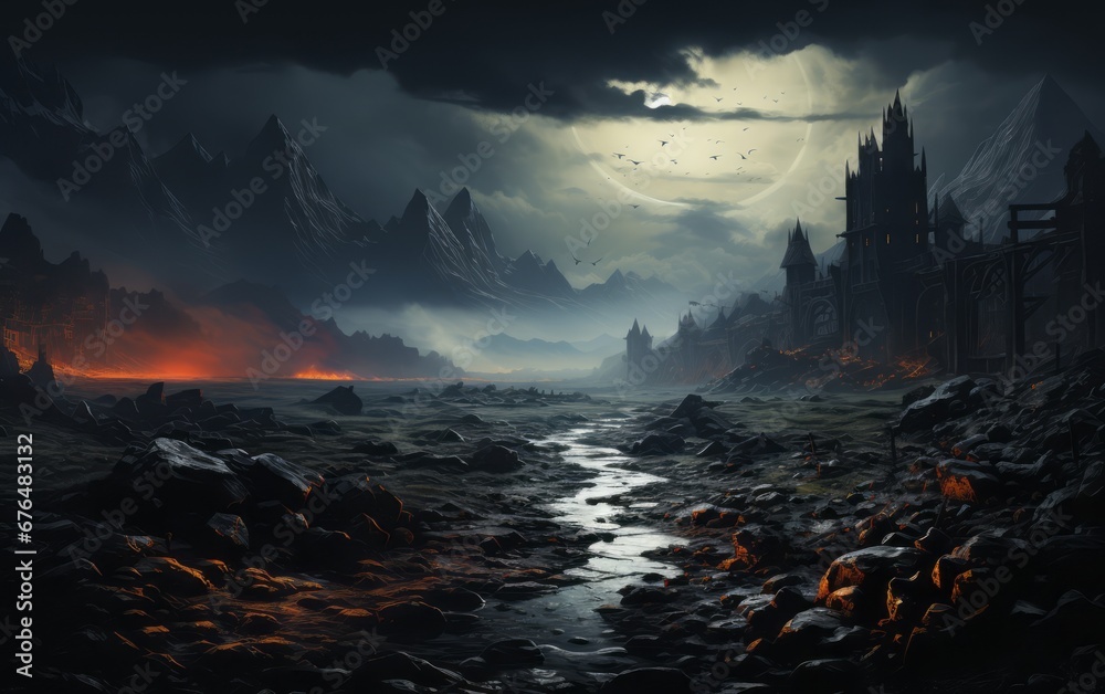 Naklejka premium a dark, magical, ruined castle 