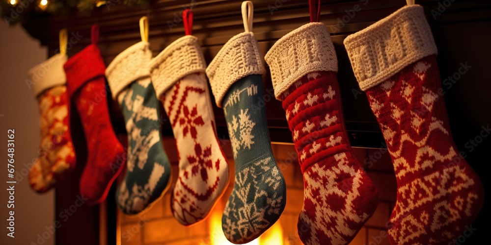 Fototapeta premium Beautiful fireplace decorated for Christmas with socks, generative ai