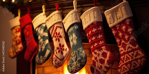 Beautiful fireplace decorated for Christmas with socks, generative ai © OP38Studio