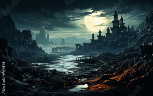 a dark  magical  ruined castle 