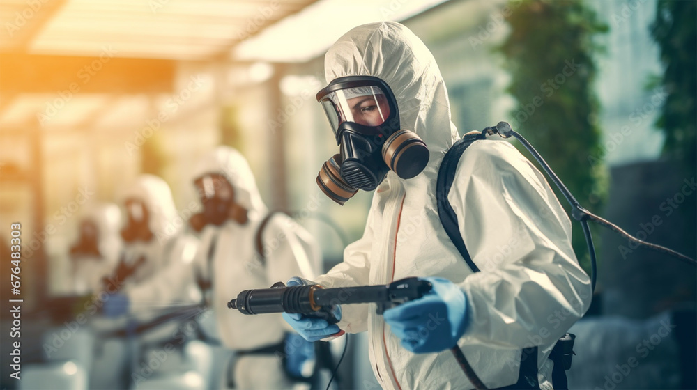 professional cleaning and disinfection of premises during an epidemic. workers prevent and control the epidemic. in a protective suit and mask. professional cleaning and disinfection of premises during an epidemic. workers prevent and control the epidemic. in a protective suit and mask.
