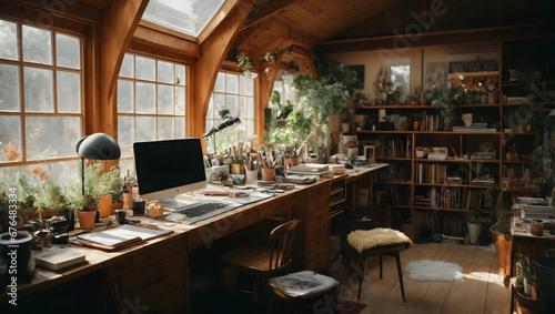 An artist's studio with large windows, skylights, and creative clutter, showcasing a vibrant and inspiring workspace. photo