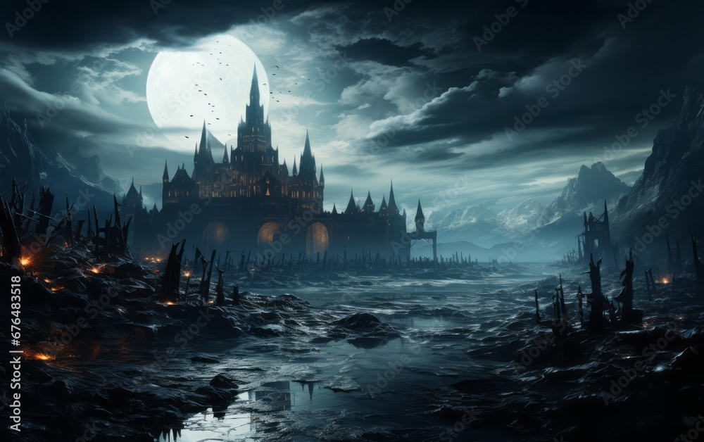Naklejka premium dark castle by the river