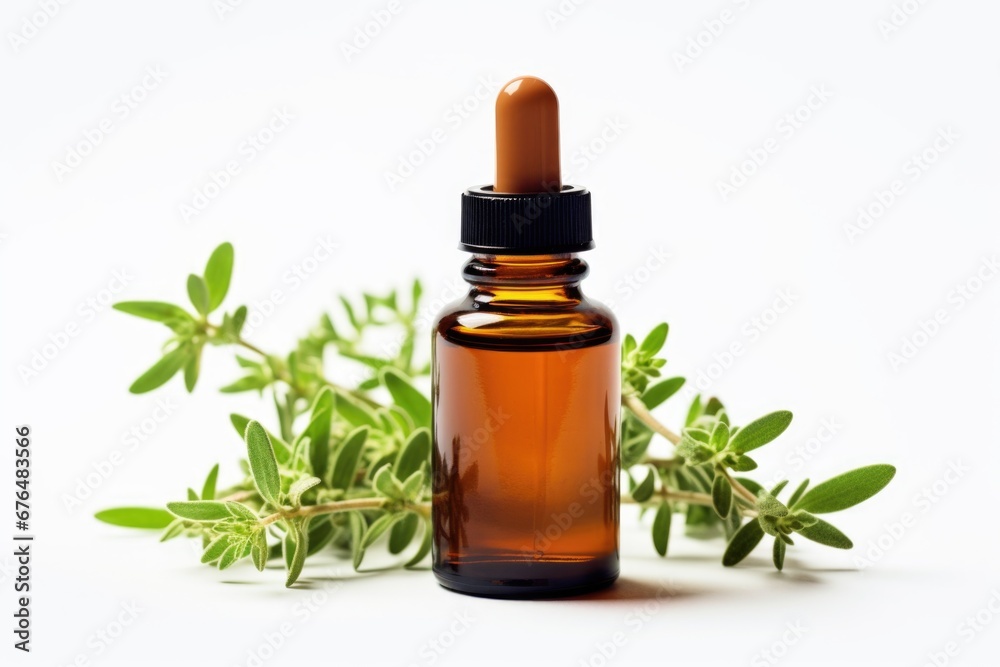 A bottle of essential oil next to a sprig of thyme. Dark glass bottle on white background. - obrazy, fototapety, plakaty 