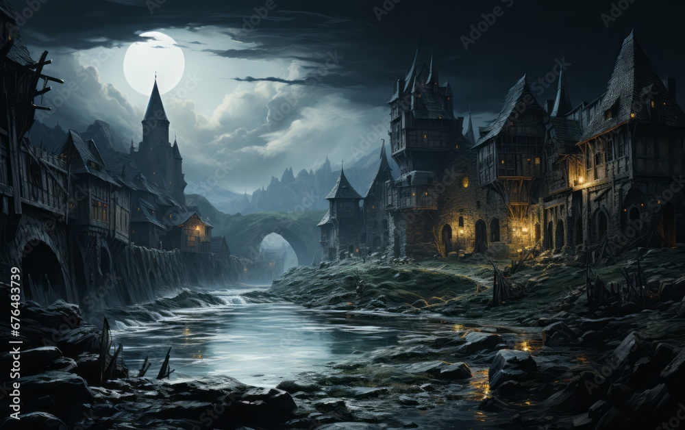 dark castle by the river