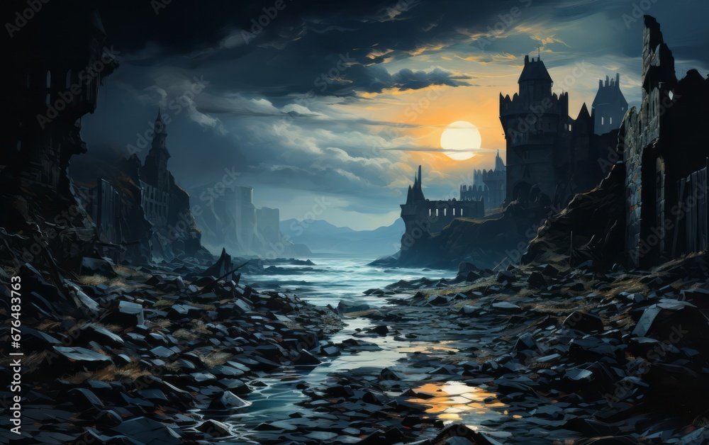 dark castle by the river