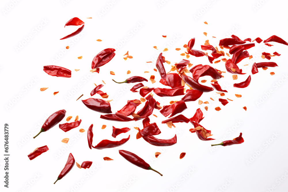 Isolated red chilli peppers, cut up, on a white backdrop.