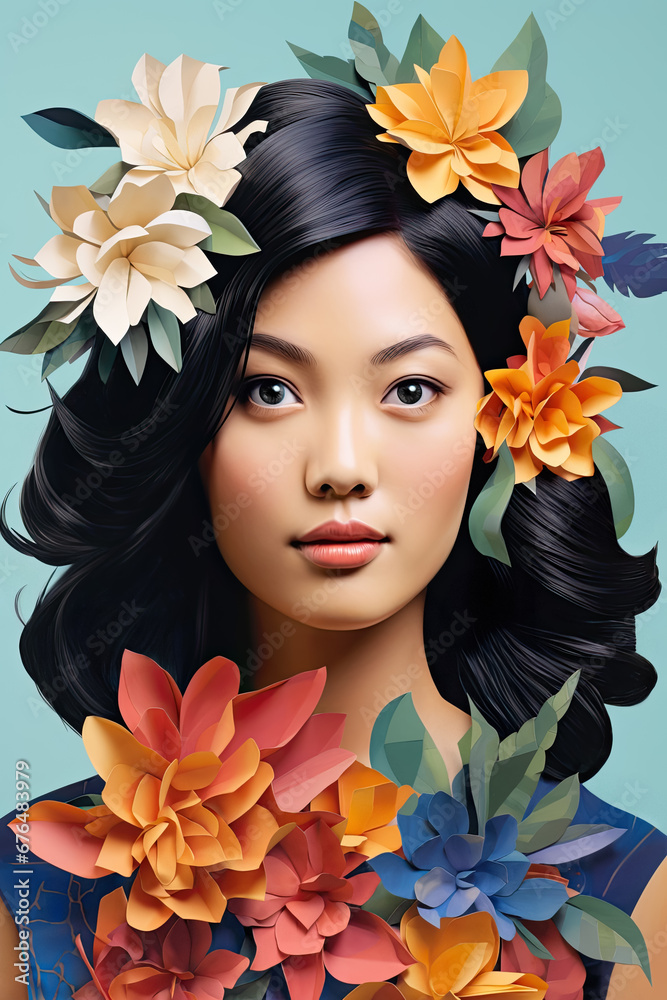 Creative illustration of Asian woman with paper cut flowers.