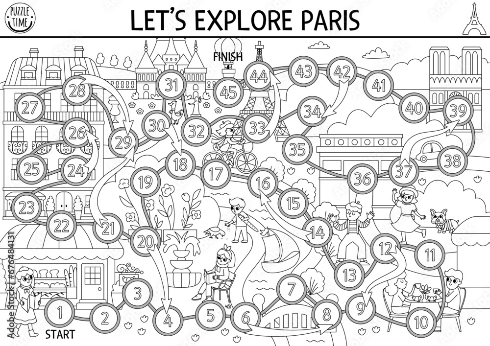 France black and white dice board game for children with Eiffel Tower, castle. French line boardgame with traditional symbols. Printable touristic activity or coloring page.
