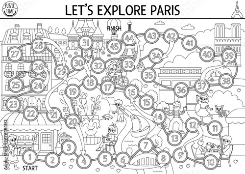 France black and white dice board game for children with Eiffel Tower, castle. French line boardgame with traditional symbols. Printable touristic activity or coloring page.