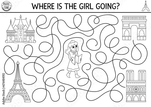 France black and white maze for kids with tourist girl and Paris places of interest. French preschool printable activity. Labyrinth game, puzzle, coloring page with sightseeing, Eiffel Tower.