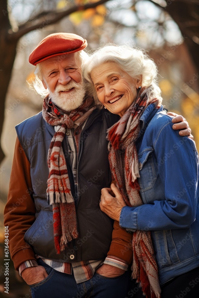 Seniors in good health and spirits enjoying themselves outside. Older couple shown together in a portrait