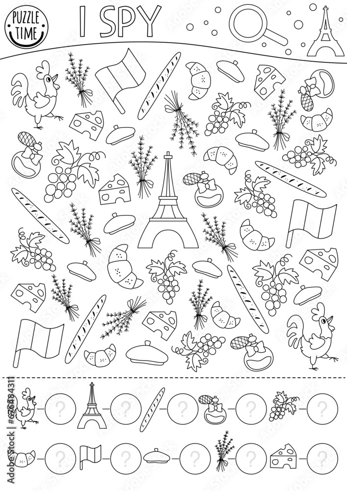 France black and white I spy game for kids. Searching and counting